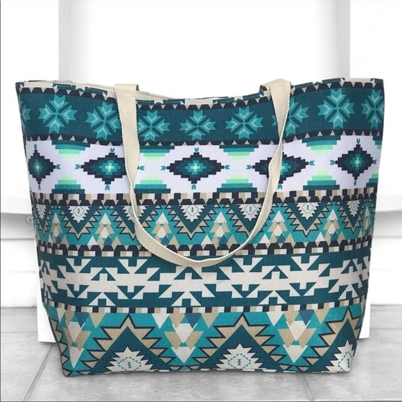 Aztec Print Green Blue Teal Summer Tote Bag - Picture 2 of 8